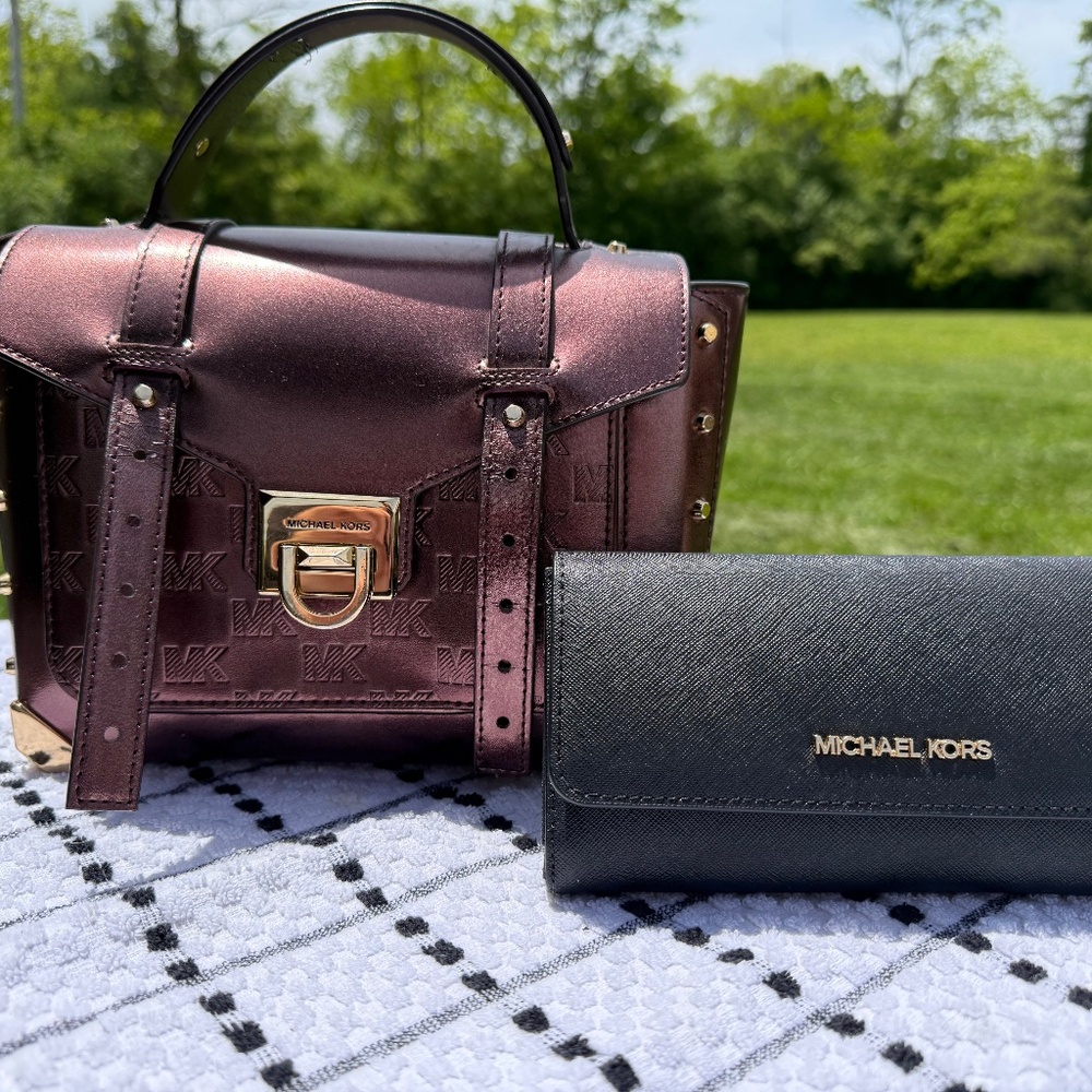 Michael Kors Manhattan Studded Satchel – Metallic Plum + Wallet